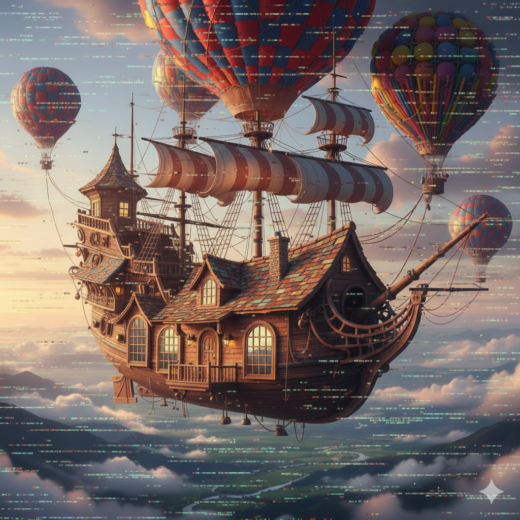 It looks like a classic galleon ship combined with a cozy, old house, and it's flying through the air with hot air balloons, all with a neat glitch effect.